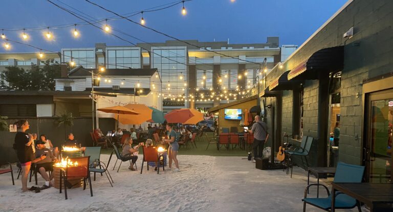 Hoosier Icehouse patio at night. Stronghold Restaurant Group. Lawrenceburg, Indiana